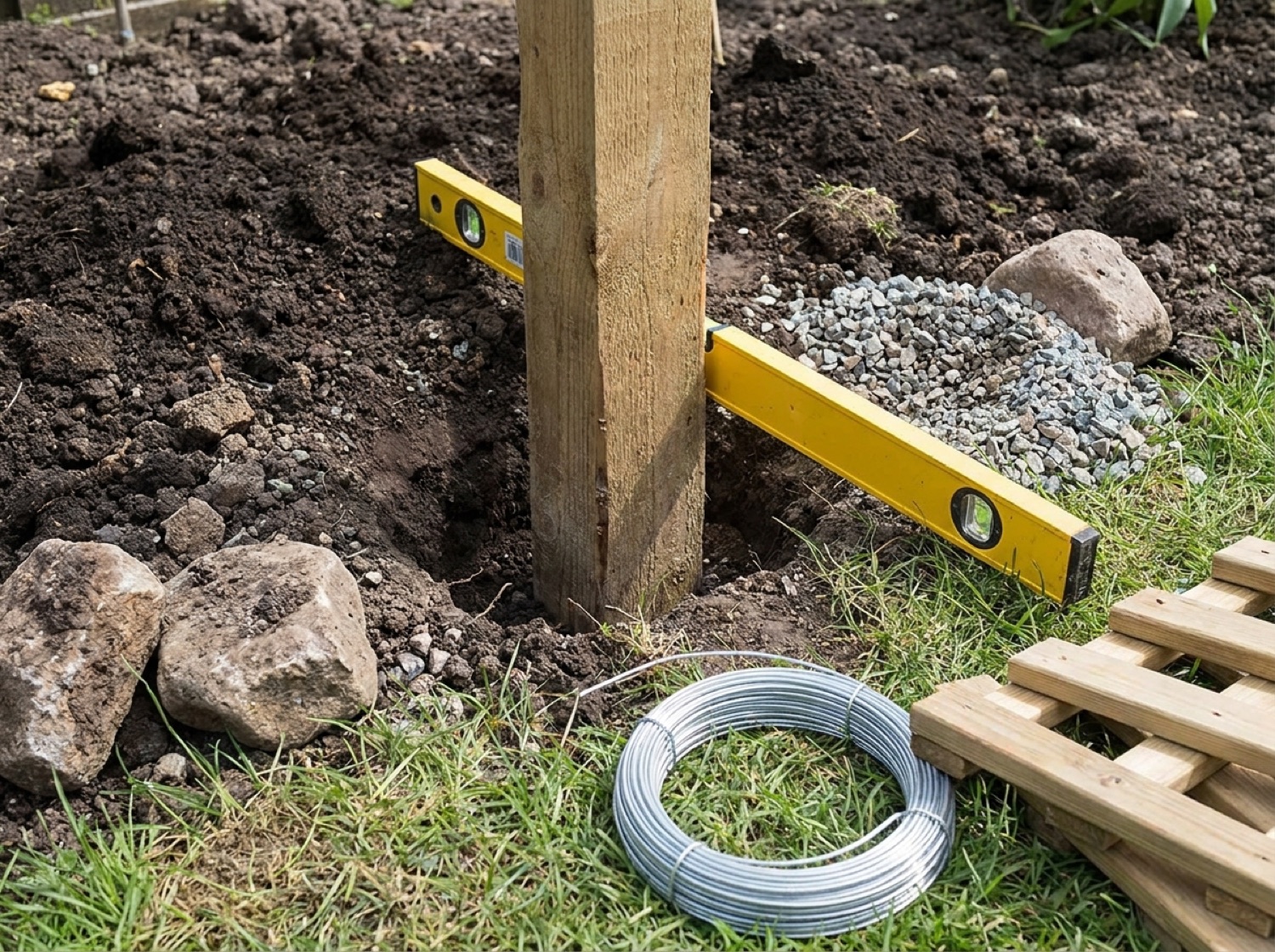 Verankerung von Pfosten für ein Spalier beim Obstbaum bauen im Garten