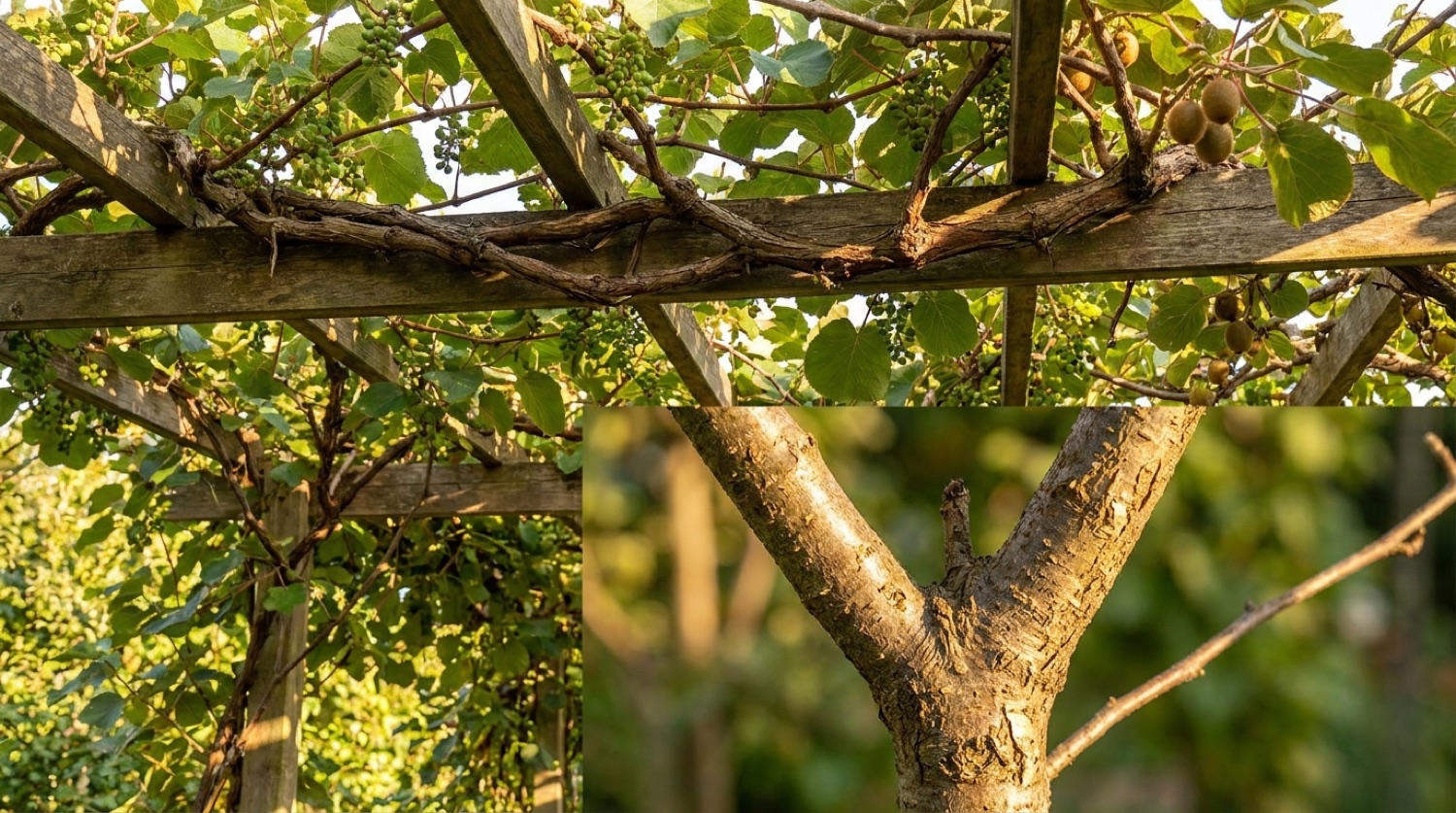 Pergola mit Kletterpflanzen und hineinwachsendem Astansatz am Spalier