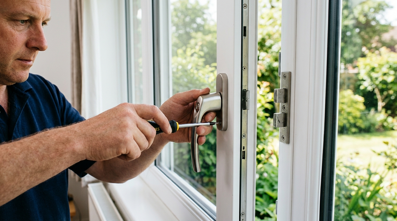 Einbruchschutz Haus: gesichertes Fenster mit Pilzkopfverriegelung und Sensor