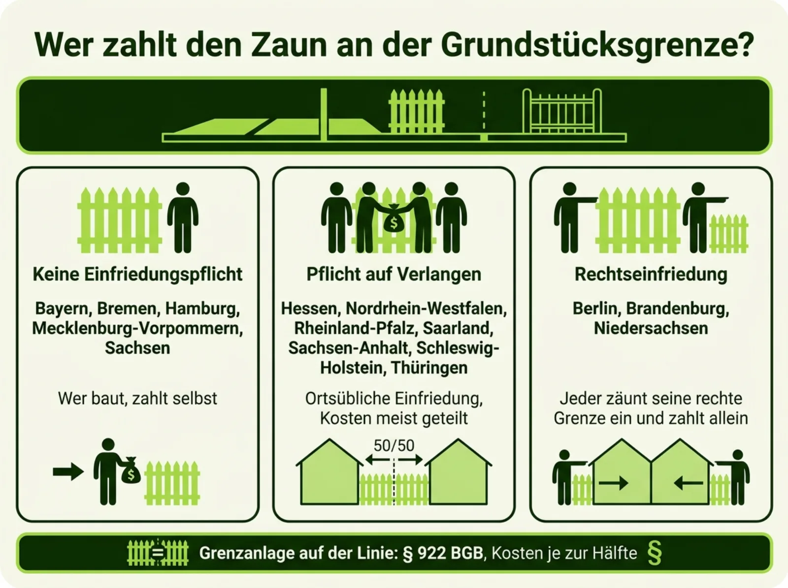 Infografik: Wer zahlt den Zaun an der Grundstücksgrenze, drei Regelungen der Bundesländer im Überblick