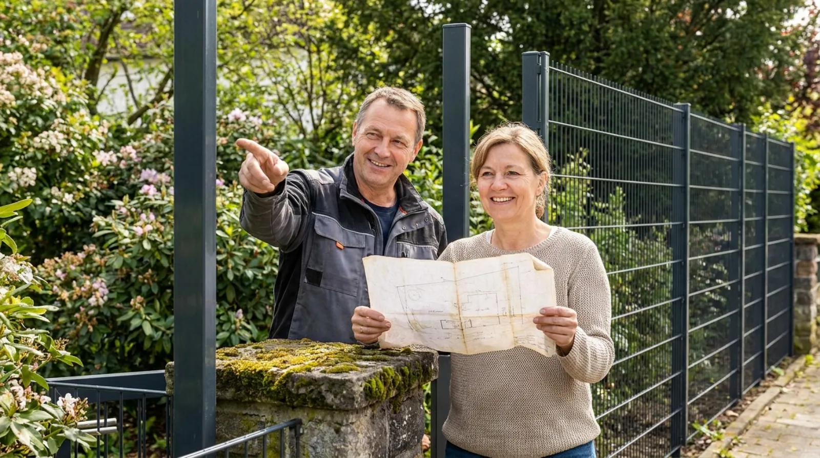Zwei Nachbarn besprechen am Grenzstein den Verlauf eines neuen Metallzauns