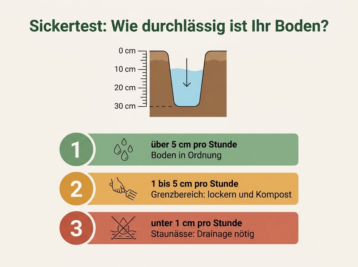 Infografik zum Sickertest und den Maßnahmen gegen Staunässe im Garten