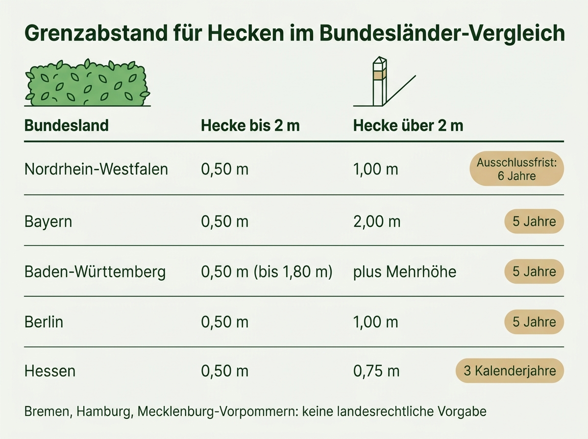 Infografik zum Grenzabstand von Hecken mit Werten und Ausschlussfristen nach Bundesland
