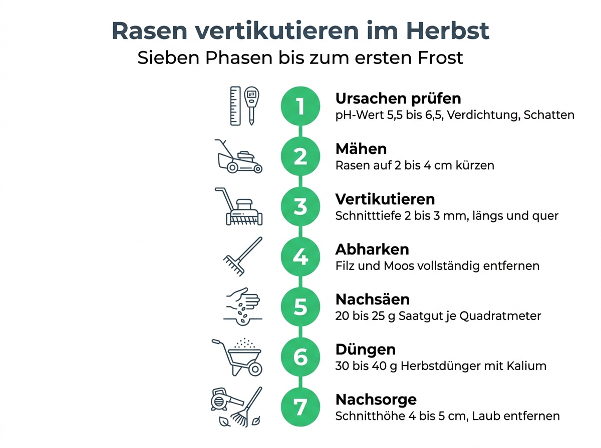 Infografik mit den sieben Phasen beim Rasen vertikutieren im Herbst