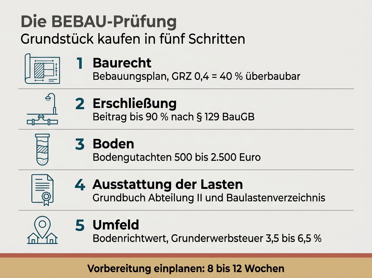 Infografik zur BEBAU-Prüfung mit fünf Schritten und den zugehörigen Kosten und Zuständigkeiten