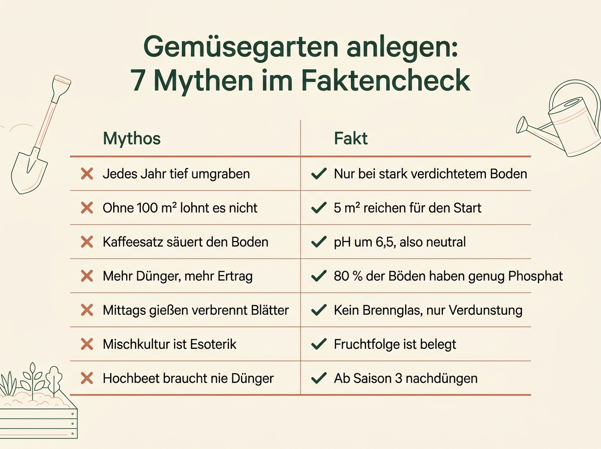 Infografik mit den sieben Gartenmythen und den zugehörigen Fakten