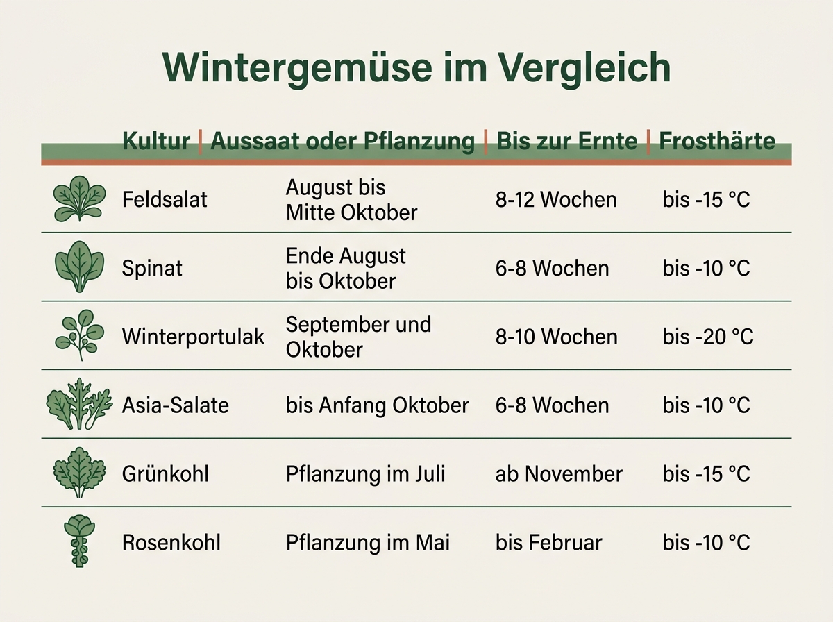 Infografik mit Aussaatzeit, Kulturdauer und Kältetoleranz von sechs Wintergemüsen