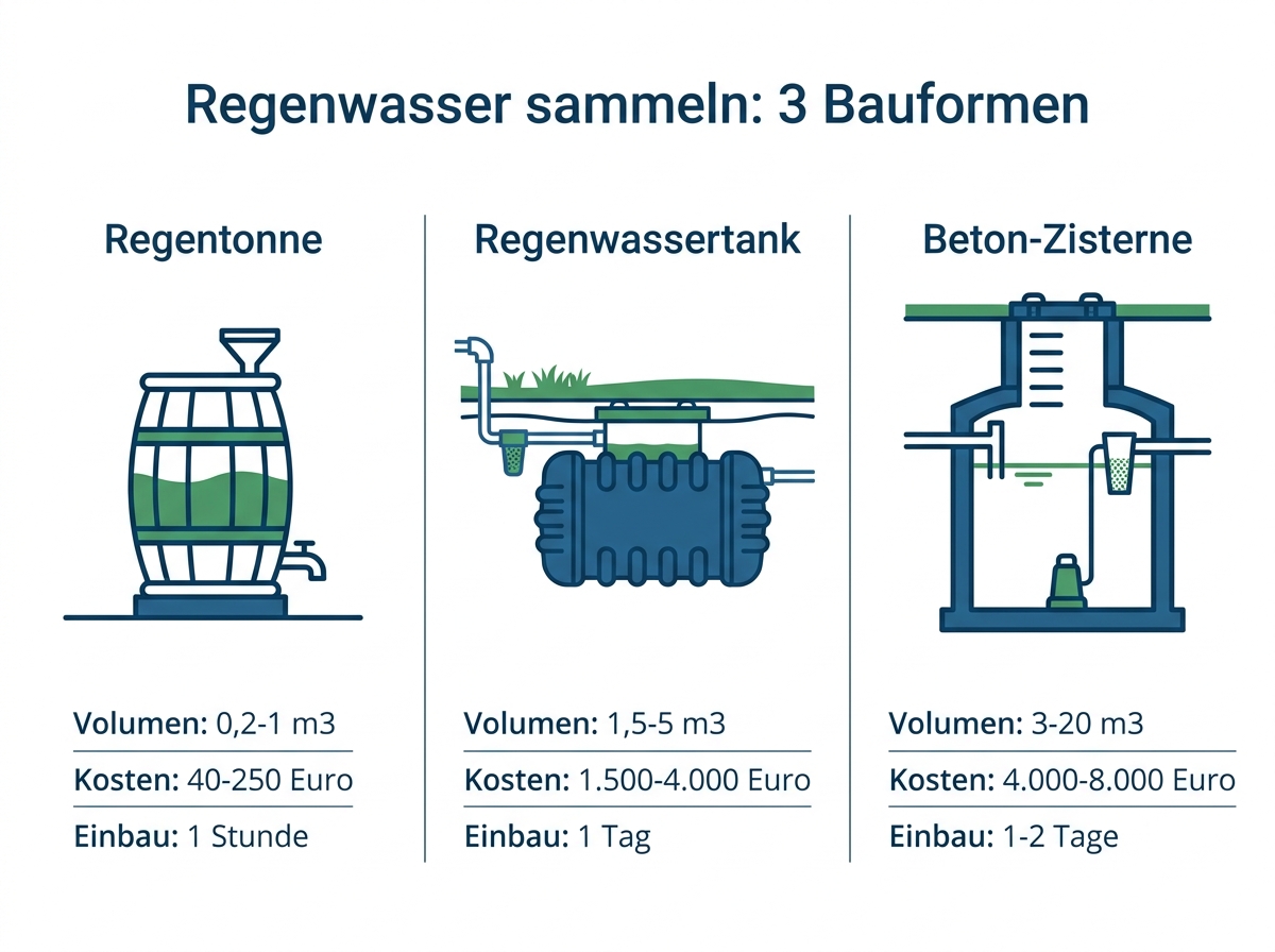 Infografik zum Regenwasser sammeln im Garten mit Vergleich von Regentonne, Regenwassertank und Zisterne