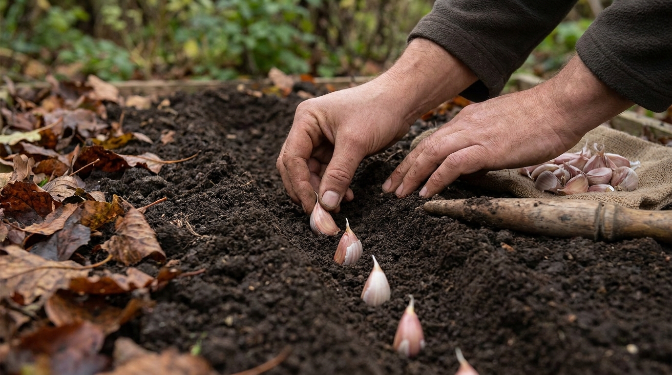 Hände stecken einzelne Zehen mit der Spitze nach oben in ein vorbereitetes Herbstbeet