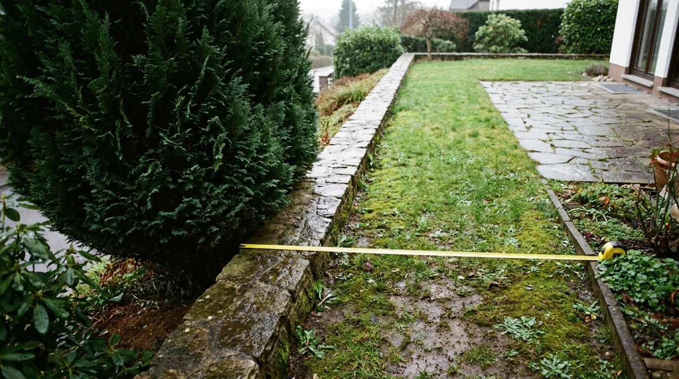 Maßband misst den Grenzabstand von der Hecke bis zur Grundstücksgrenze an einer Geländestufe