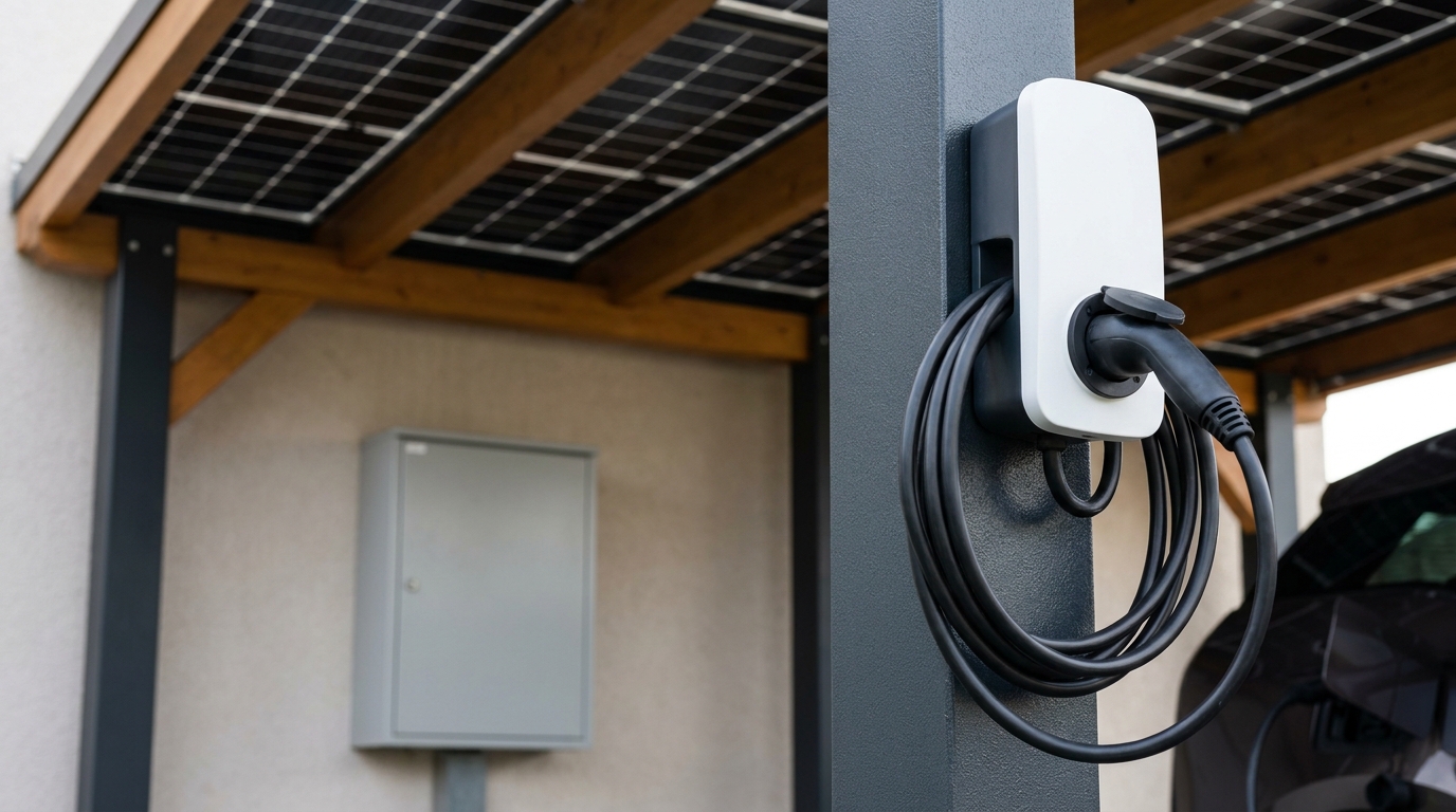 Wallbox am Solarcarport mit kurzem Leitungsweg zum Wechselrichter