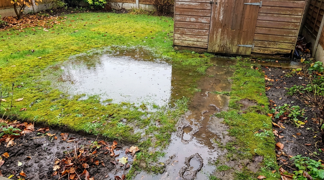 Nasse Senke im Rasen als typisches Anzeichen für Staunässe im Garten