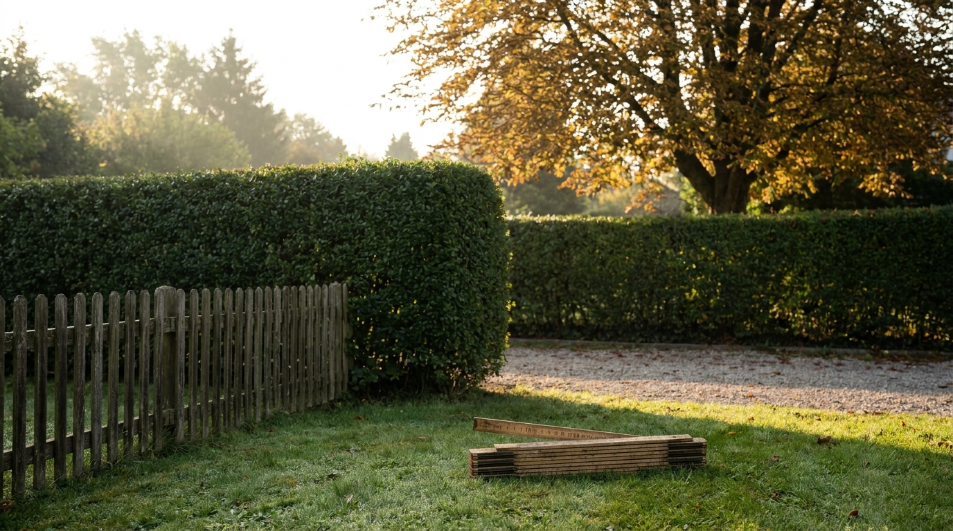 Zwei Meter hohe Hecke an der Grundstücksgrenze zwischen zwei Gärten mit Holzzaun und Zollstock