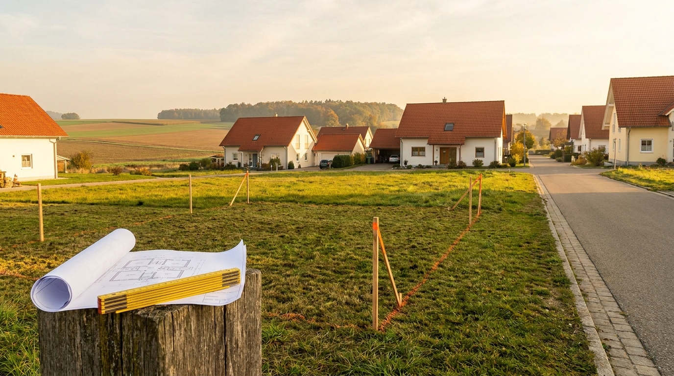 Baureifes Grundstück am Ortsrand mit Absteckpfählen und Blick auf die Nachbarbebauung