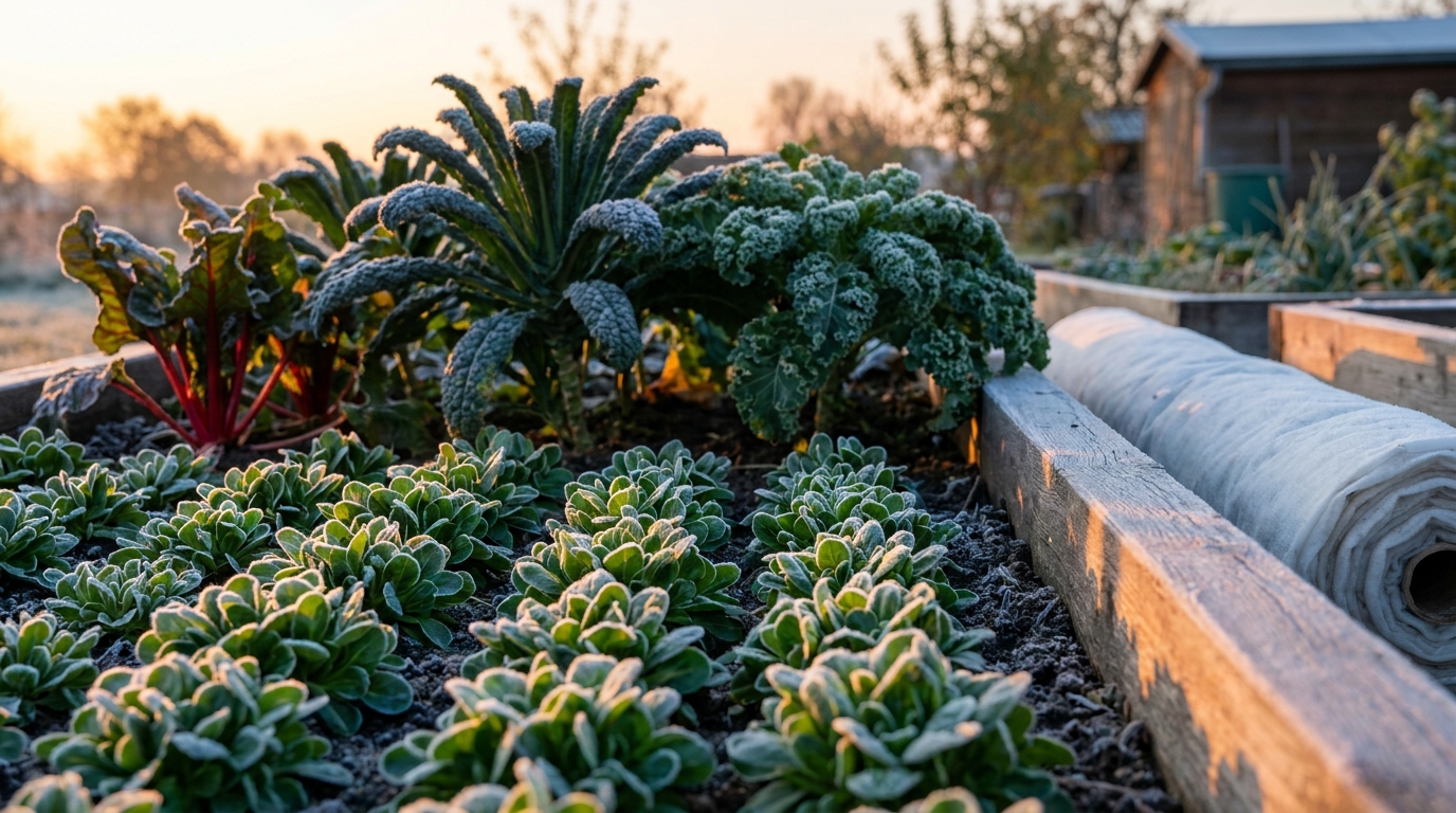 Wintergemüse im Raureif, Salatrosetten und Kohl im Morgenlicht