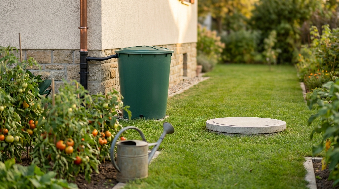 Regenwasser sammeln im Garten mit Regentonne und unterirdischer Zisterne